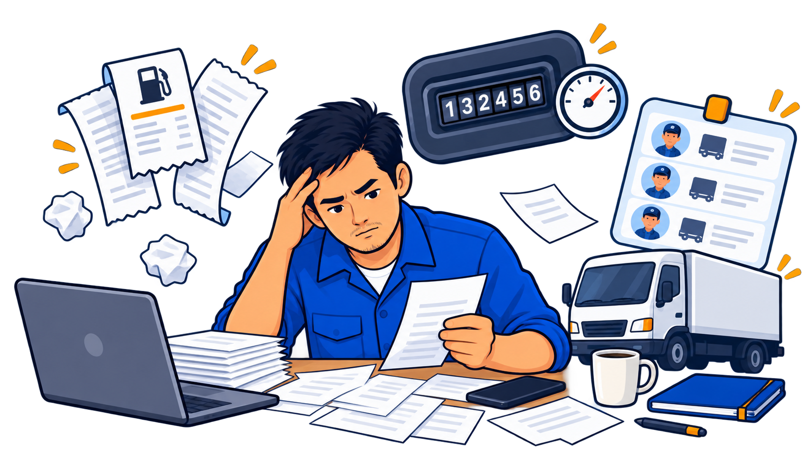 Ilustrasi struk BBM, catatan odometer, dan penugasan pengemudi yang masih tercecer